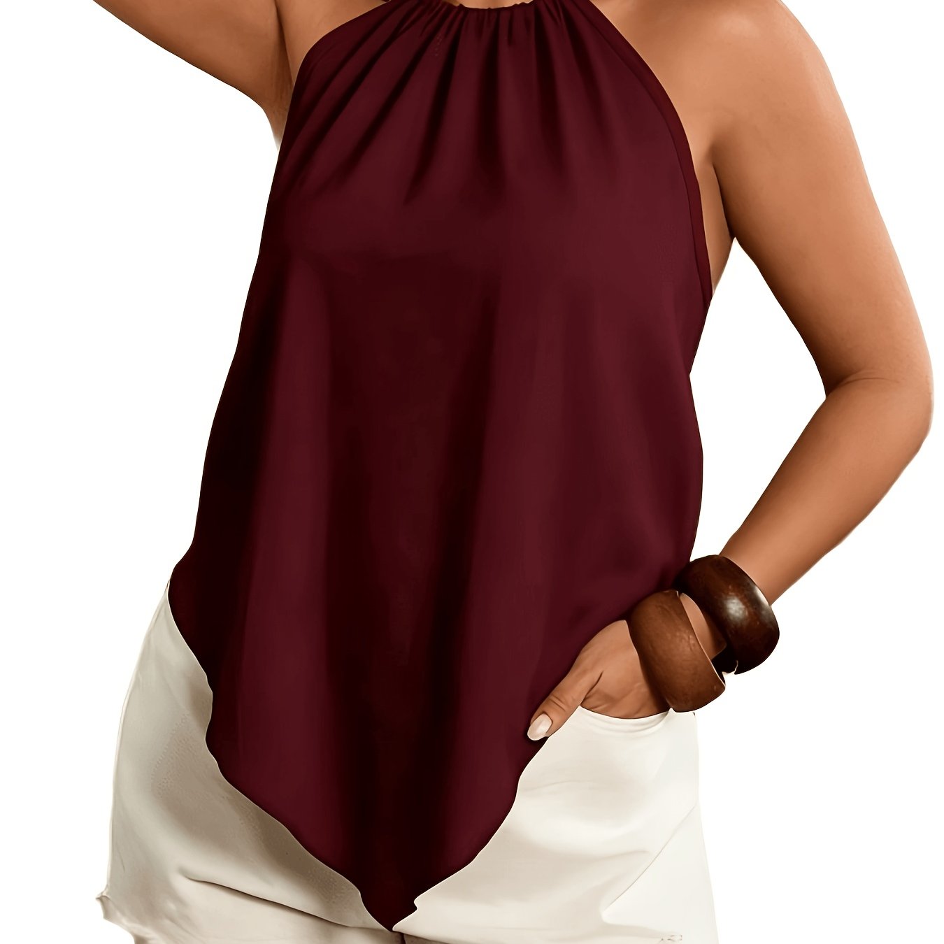 Women's Fashion Blouse, Asymmetrical Hem Tie-Neck Sleeveless, Suitable for Spring and Summer Wear