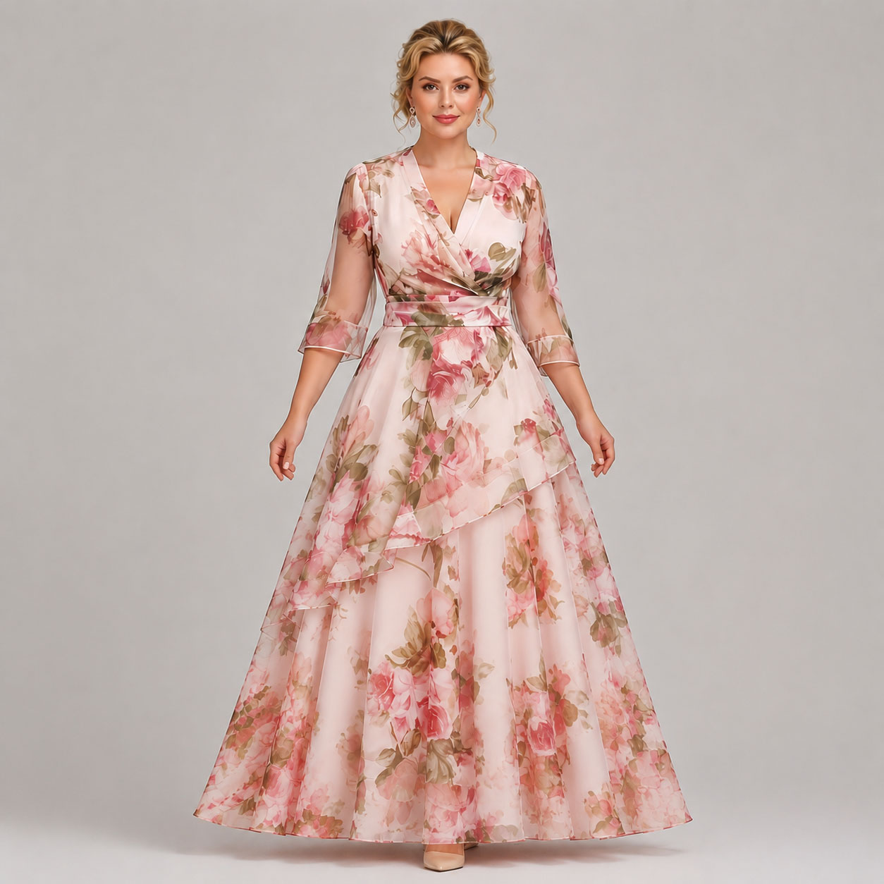 Flycurvy Plus Size Wedding Guest Pink Organza Floral Print Wrap 3/4 Sleeve Layered Asymmetrical Hem Maxi Dress