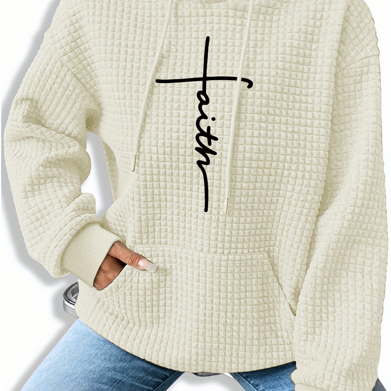 Graphic Print Solid Waffle Kangaroo Pocket Hoodie, Casual Long Sleeve Drawstring Hoodies Sweatshirt, Women'S Clothing