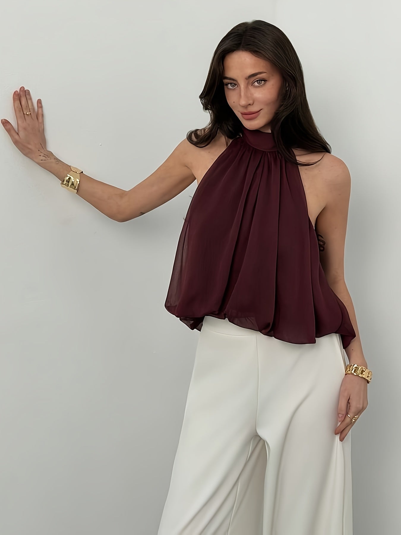 Elegant Burgundy Chiffon Halter Top for Women with Tie Neck Sleeveless Pleated Flowing Style