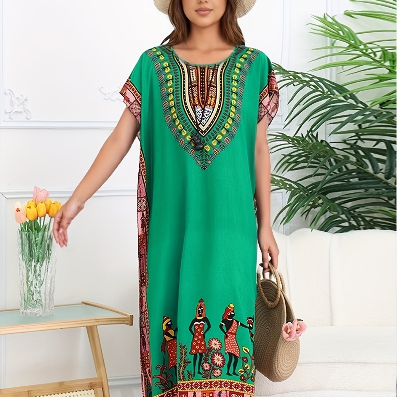 Ethnic Style Dress Summer New Bohemian Style Vacation Batwing Sleeve Dress Loose Beach Dress