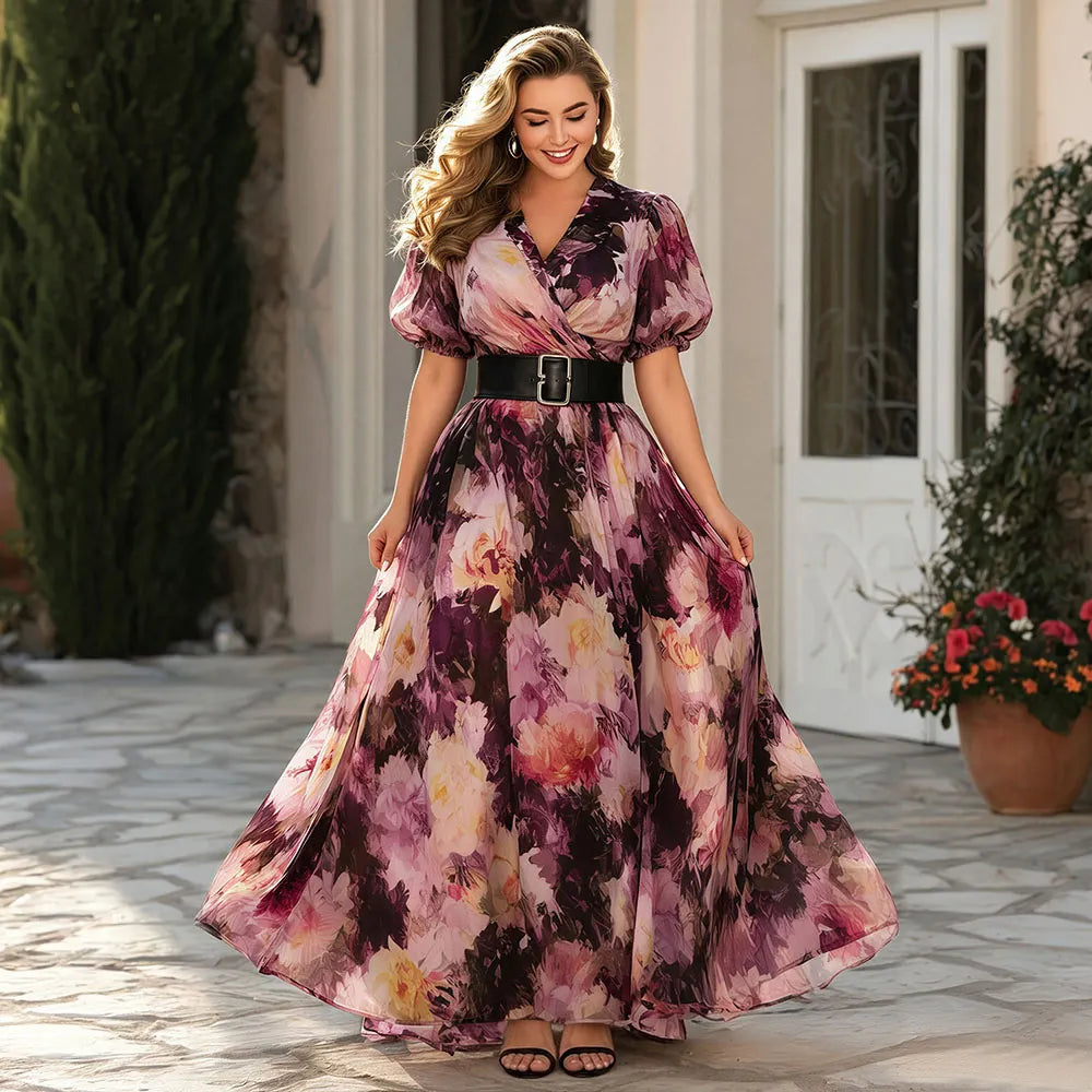 Flycurvy Plus Size Wedding Guest Purple Chiffon Floral Print Wrap Puff Sleeve Maxi Dress With Belt