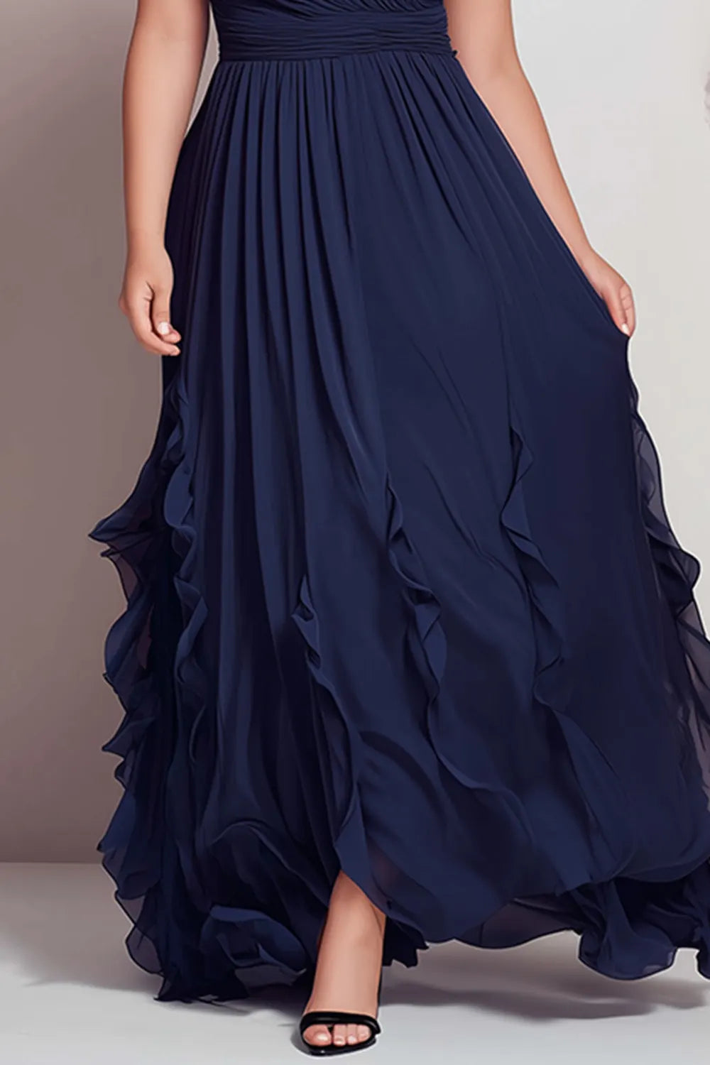 Flycurvy Plus Size Wedding Guest Navy Blue Chiffon Wrap Ruffle Sleeve And Hem Maxi Dress