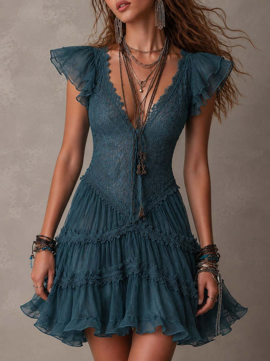 Effortless Blue Lace Mini Dress for Women with V Neck Flutter Sleeve Tiered Ruffle Bohemian Style