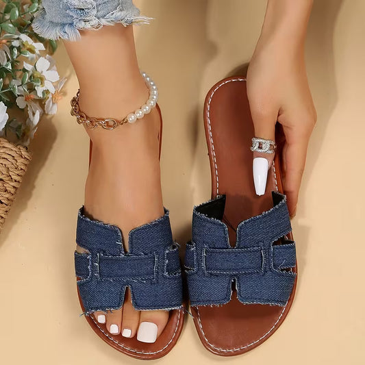 Comfortable Flat Sandals for Women with Cut Out Wide Strap Slip On Open Toe Style