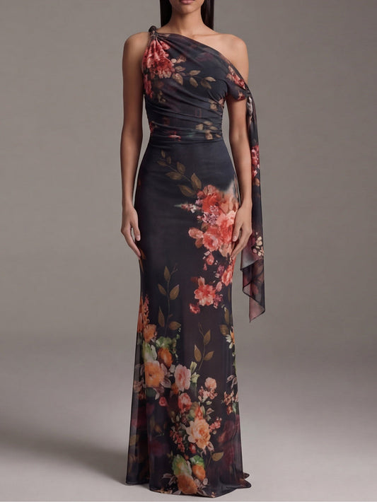 Elegant Black Floral Maxi Dress for Women with One Shoulder Draped Sleeve Ruched Sheath Formal Wedding Guest Style