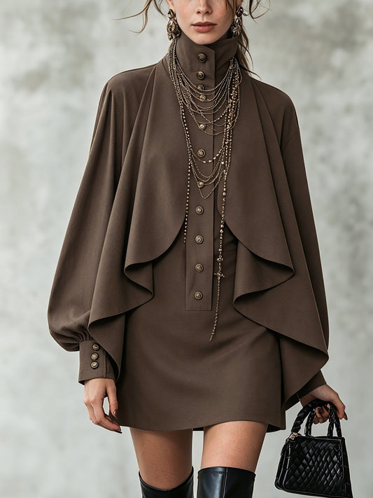 Elegant Chocolate Mini Dress for Women with High Neck Long Sleeve Cape Ruffle Drape Style