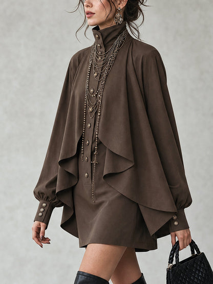 Chocolate high-neck mini dress with cape-style paneling
