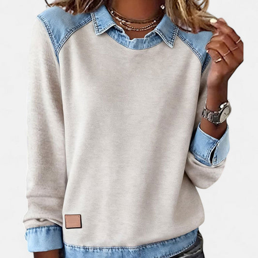 Effortless Denim Trim Sweatshirt for Women with Point Collar Long Sleeve Raglan Colorblock Casual Style