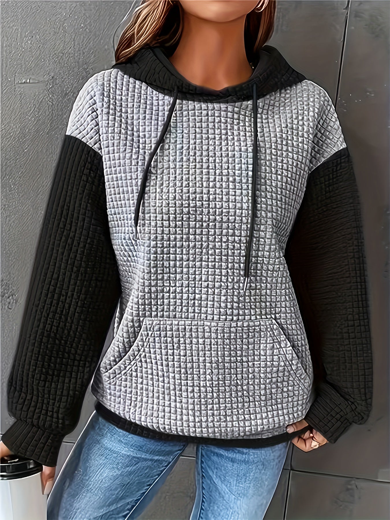 Women's Casual Waffle- Color-Block Hooded Sweatshirt - Relaxed Fit Long Sleeve Pullover with Drawstring Hood, Machine Washable Autumn Winter Fashion Top, Cute Sweatshirts, Autumn Apparel, Soft Fabric, Everyday Outfit, Waffle Design, Breathable Material, C