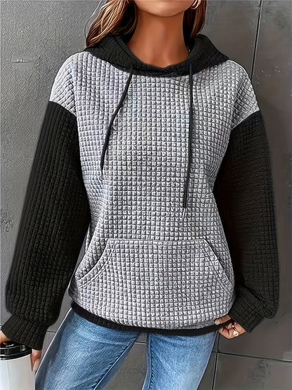 Women's Casual Waffle- Color-Block Hooded Sweatshirt - Relaxed Fit Long Sleeve Pullover with Drawstring Hood, Machine Washable Autumn Winter Fashion Top, Cute Sweatshirts, Autumn Apparel, Soft Fabric, Everyday Outfit, Waffle Design, Breathable Material, C