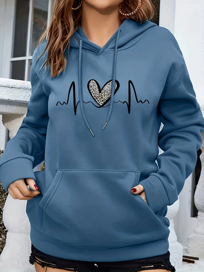 Fashion Hooded Sweatshirt For Women | Regular Fit, Heart Pattern, Drawstring Detail, Ideal For Fall/Winter