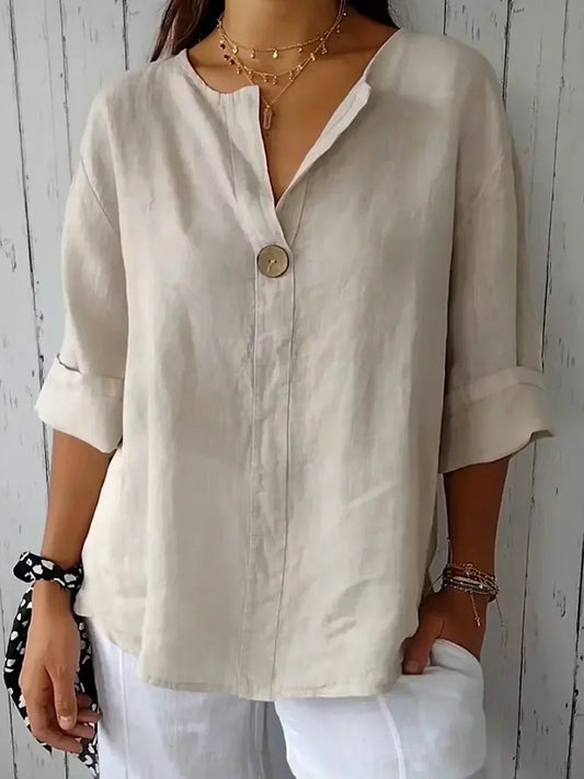 Effortless Linen Blouse for Women with V Neck Elbow Sleeve Button Front Relaxed Style