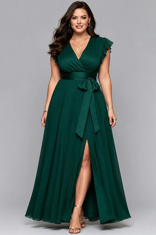 Elegant Dark Green Maxi Dress for Women with V Neck Flutter Sleeve Wrap High Slit Formal Wedding Guest Style