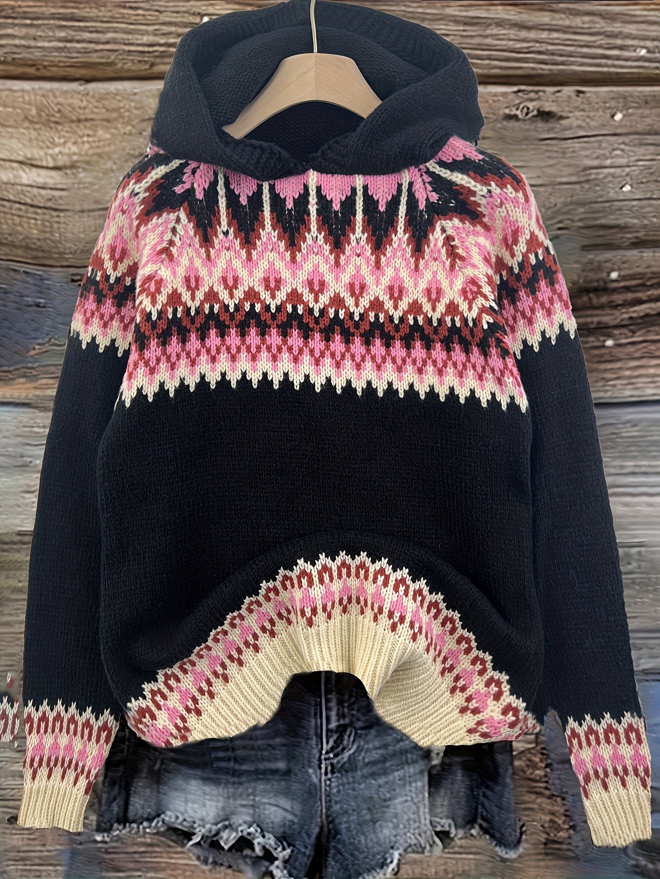 Women's Winter Hooded Jacquard Sweatshirt Style Glacier Snow Mountain Chunky Elegant Fashionable Comfortable Casual Vintage Commuter Soft Slim-Fit Top
