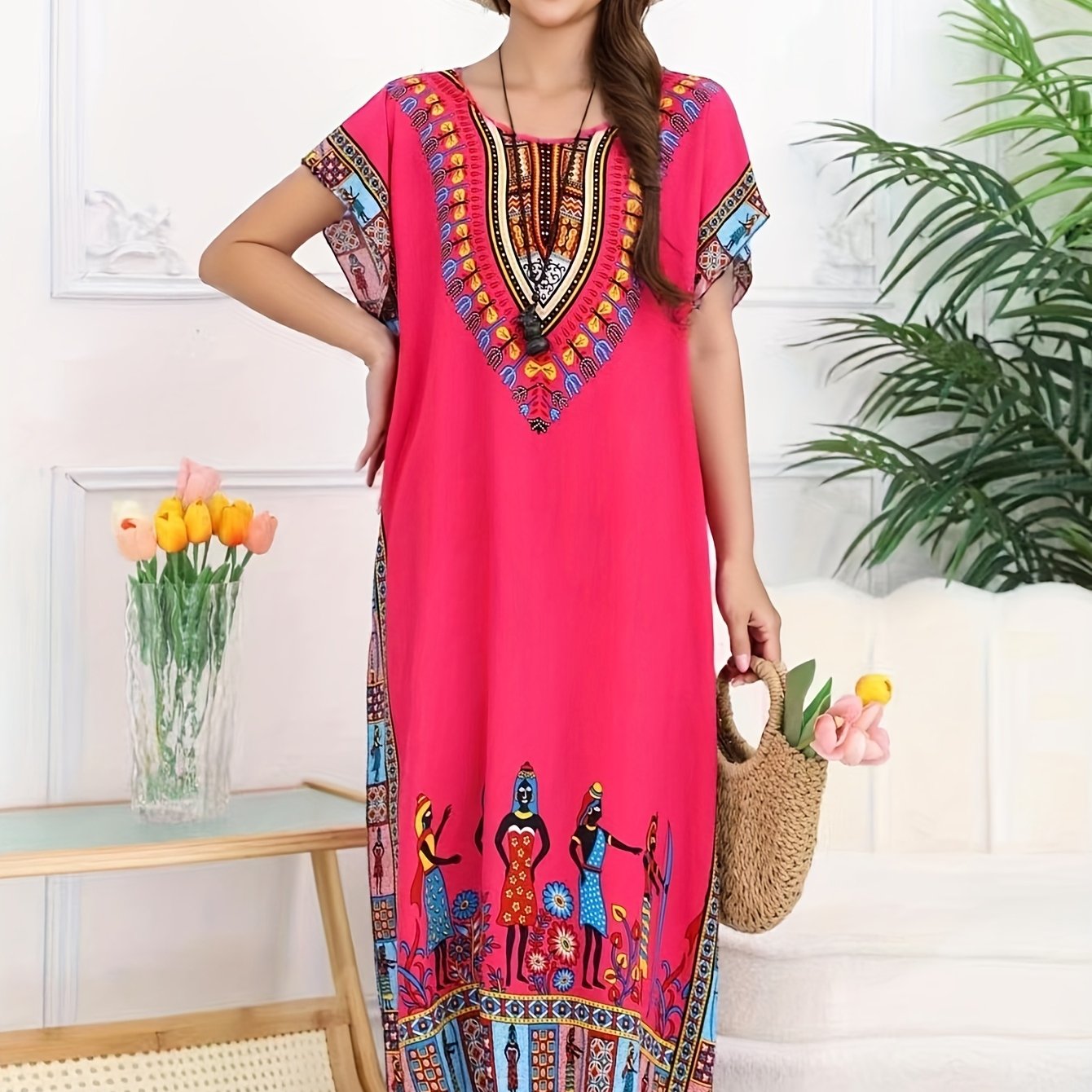Ethnic Style Dress Summer New Bohemian Style Vacation Batwing Sleeve Dress Loose Beach Dress