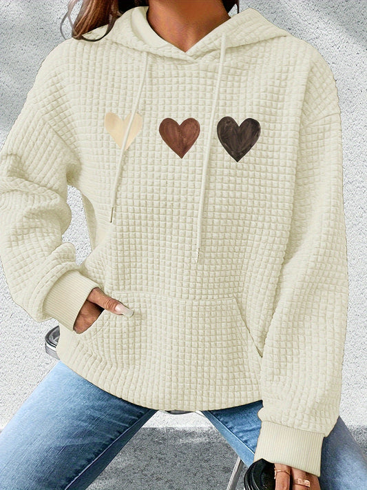 Comfortable Heart Print Textured Hoodie for Women with Drawstring Hood Long Sleeve Kangaroo Pocket Oversized Style