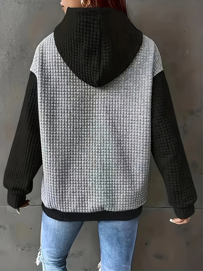 Autumn/Winter European and American Fashion Trendy Wide Fit Casual Loose Color Block Patchwork Pullover Hooded Versatile Sweatshirt Jacket for Women