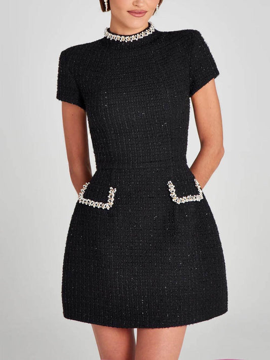 Elegant Tweed Mini Dress for Women with Mock Neck Cap Sleeve Pearl Embellished Fit and Flare Cocktail Style