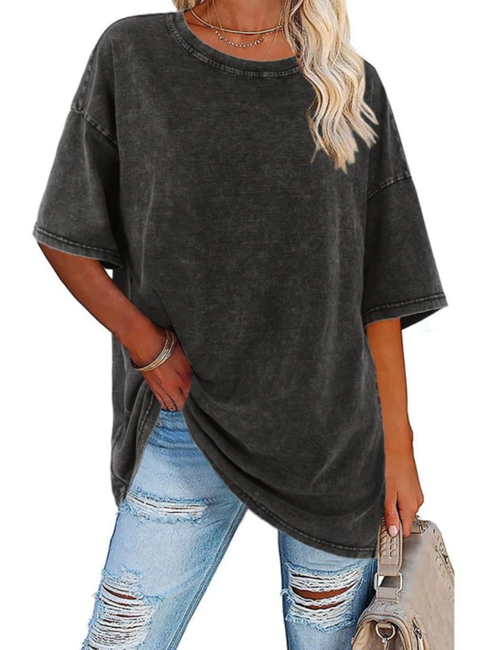 Effortless Washed Oversized Tunic Top for Women with Crew Neck Half Sleeve Side Slit Relaxed Style