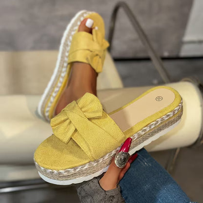 Comfortable Slide Sandals for Women with Bow Detail Espadrille Platform Open Toe Style