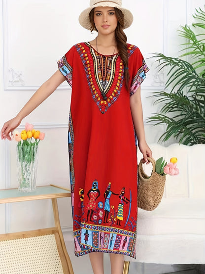 Ethnic Style Dress Summer New Bohemian Style Vacation Batwing Sleeve Dress Loose Beach Dress