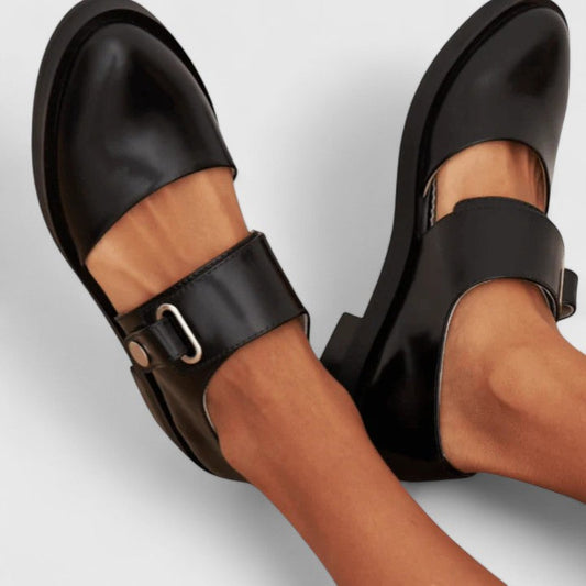 Stylish Black Leather Mary Jane Loafer for Women with Buckle Strap Cutout Round Toe Style