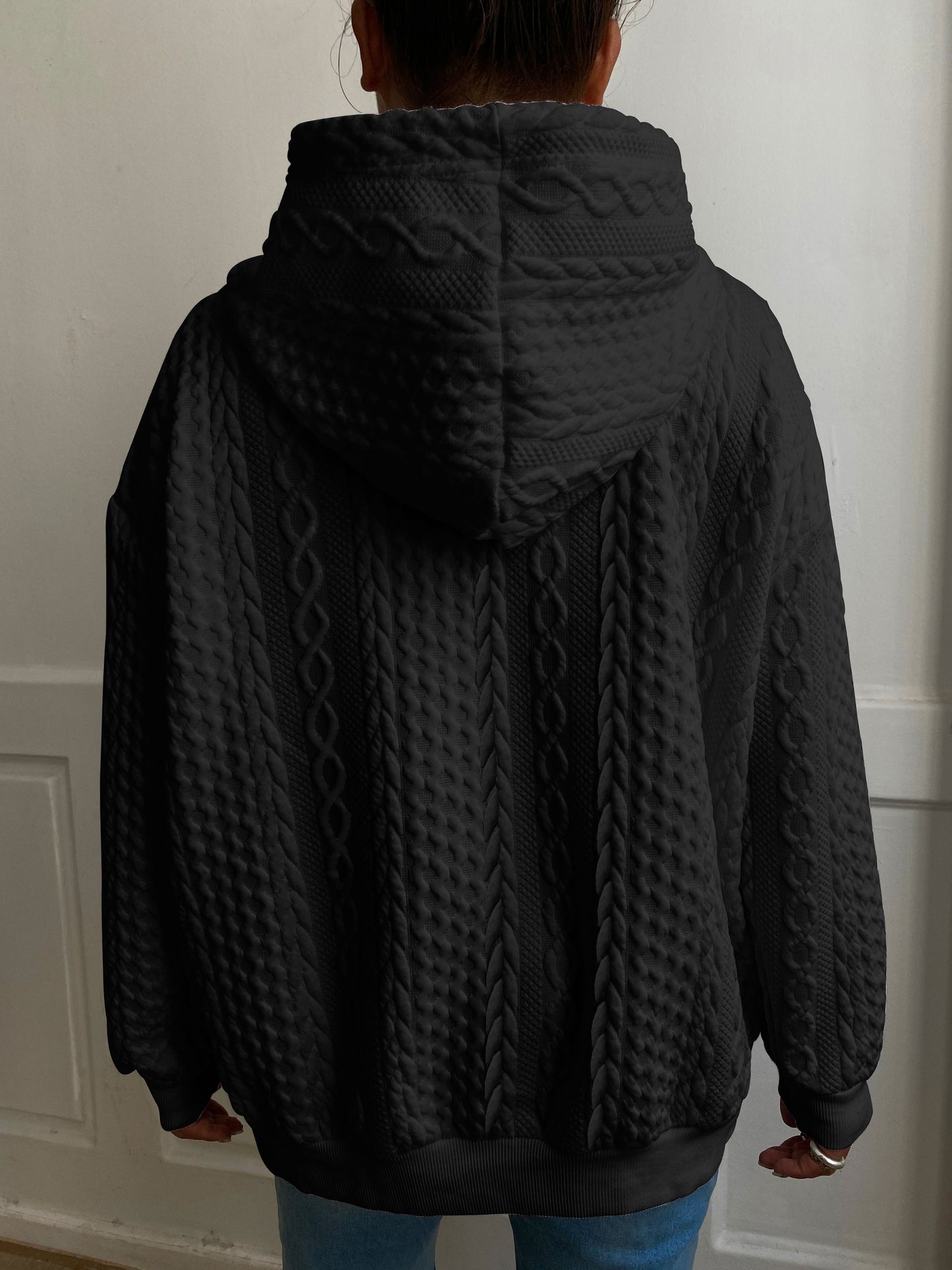 Plus Size Casual Hoodie, Women's Plus Solid Ribbed Long Sleeve Slight Stretch Hoodie Drawstring Sweatshirt