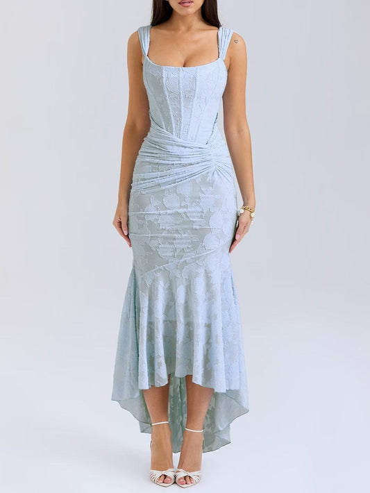 Elegant Lace Corset Maxi Dress for Women with Square Neck Sleeveless Ruched Mermaid High Low Style
