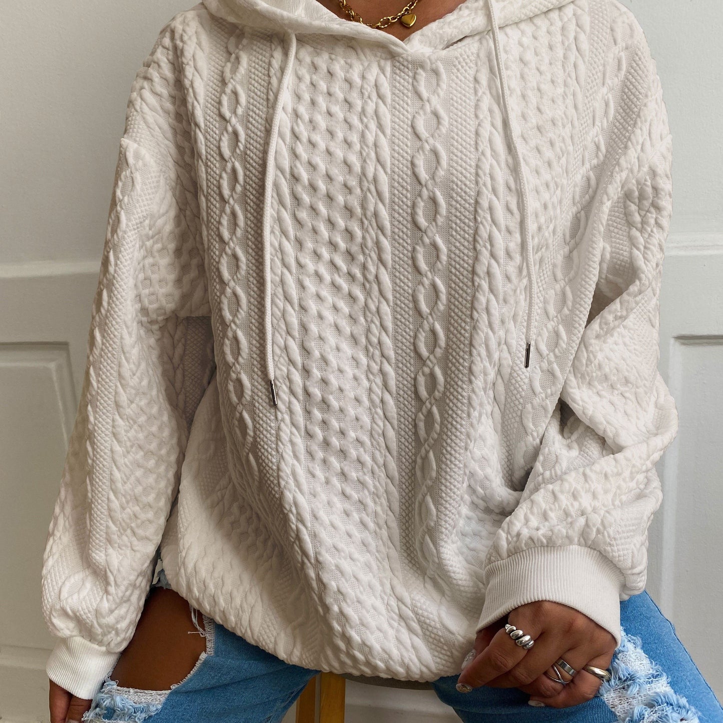 Plus Size Casual Hoodie, Women's Plus Solid Ribbed Long Sleeve Slight Stretch Hoodie Drawstring Sweatshirt