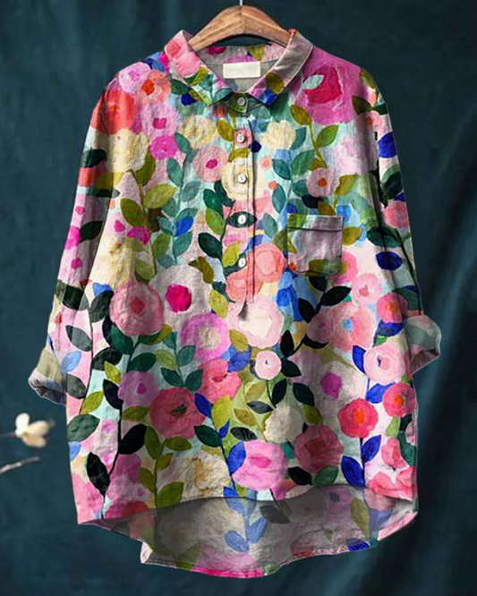 Effortless Floral Print Blouse for Women with Collar Long Sleeve Button Front Relaxed Casual Style