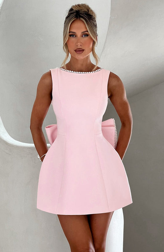 Elegant Pearl Trim Mini Dress for Women with Bateau Neck Sleeveless Bow Back Fit Flare Cocktail Style