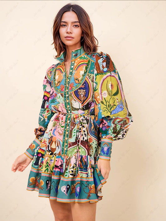 Effortless Multicolor Artistic Print Mini Dress for Women with Mock Neck Balloon Sleeve Tiered Ruffle Bohemian Style