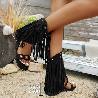 Comfortable Gladiator Sandals for Women with Long Fringe Trim Stud Detail Flat Ankle Strap Style