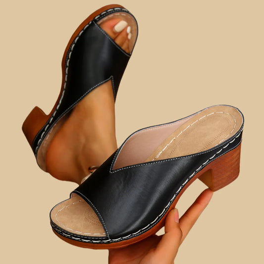 Comfortable Mules Heels for Women with Wide Band Wood Look Block Heel Peep Toe Slide Style