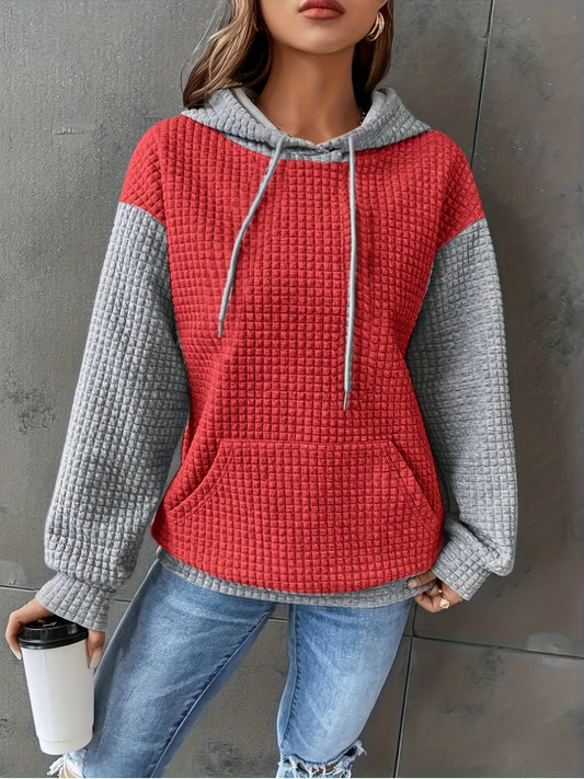 Comfortable Waffle Knit Colorblock Hoodie for Women with Drawstring Hood Long Sleeve Kangaroo Pocket Oversized Knit Style