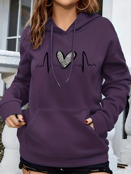 Fashion Hooded Sweatshirt For Women | Regular Fit, Heart Pattern, Drawstring Detail, Ideal For Fall/Winter