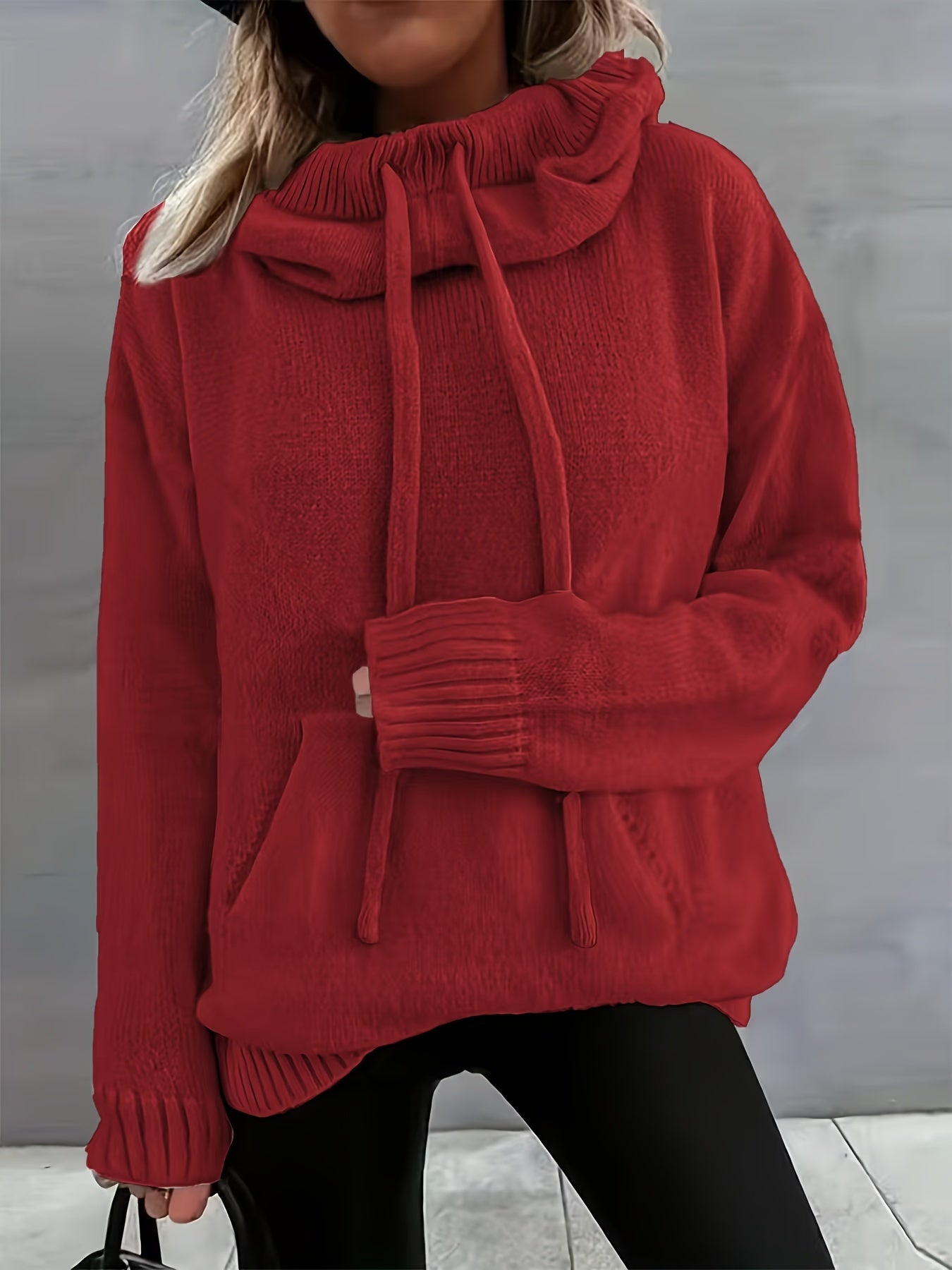 2025 New Autumn And Winter Women'S Casual Versatile Solid Color Drawstring Pocket Hooded Pullover