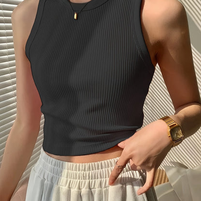 Women's Elegant Casual Ribbed Tank Top - Sleeveless Boat Neck Summer Top with Moderate Stretch, Solid Color Versatile Wear for Casual or Formal Outfits, Ladies Tank Tops, Warm Weather Outfit, Ribbed Texture, Stretchy Fabric, Stylish Ladies