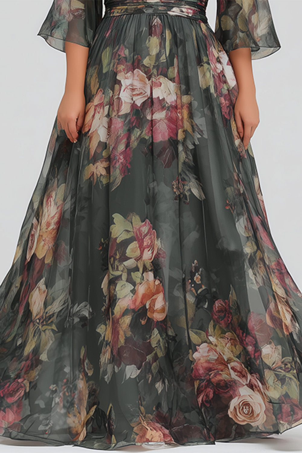 Flycurvy Plus Size Wedding Guest Dusty Green Chiffon Floral Print Wrap Flutter Sleeve Maxi Dress