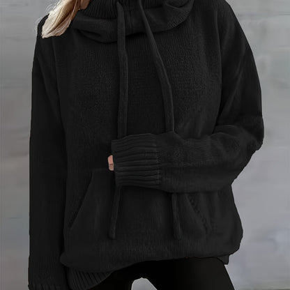 2025 New Autumn And Winter Women'S Casual Versatile Solid Color Drawstring Pocket Hooded Pullover