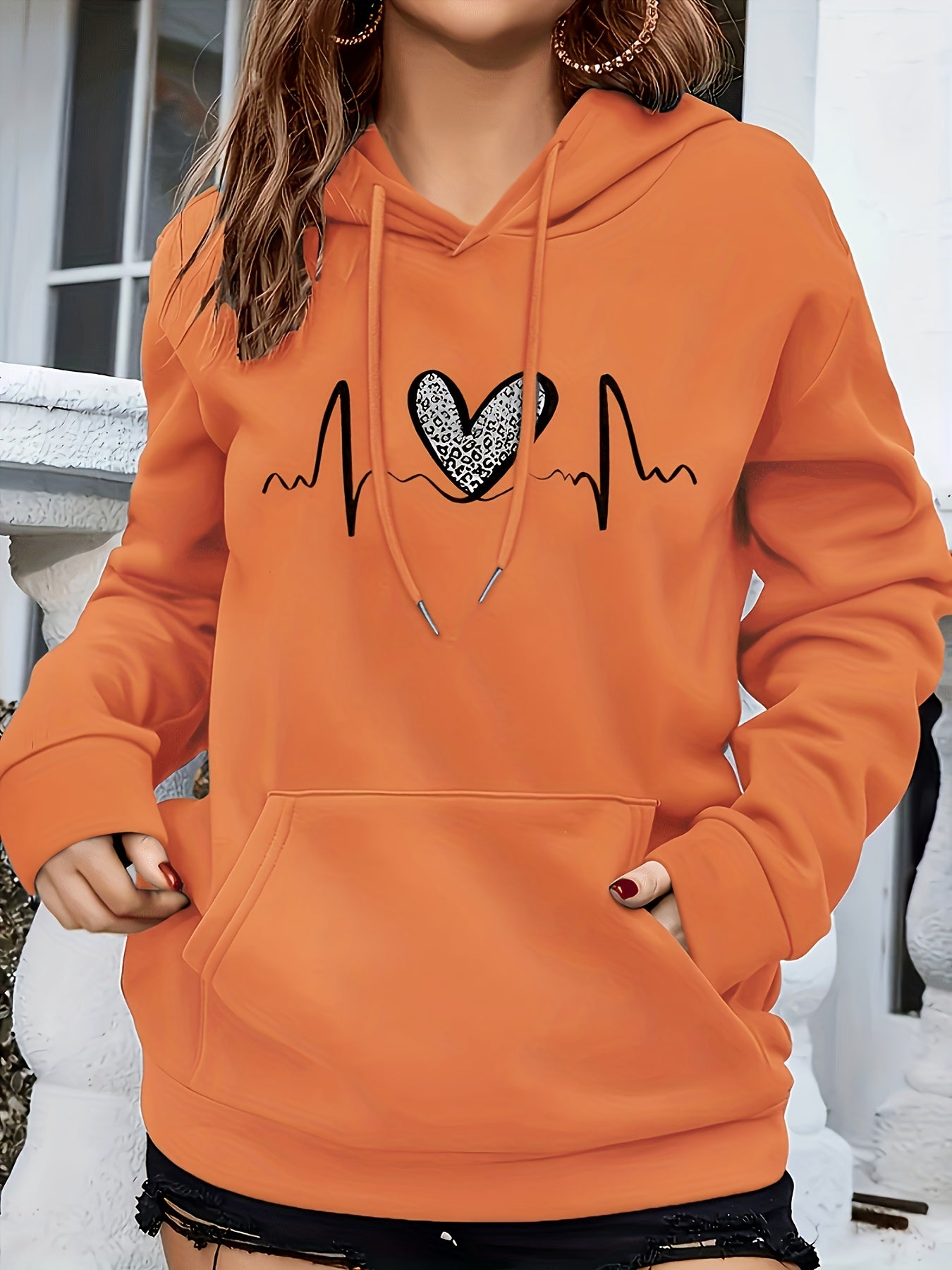 Fashion Hooded Sweatshirt For Women | Regular Fit, Heart Pattern, Drawstring Detail, Ideal For Fall/Winter