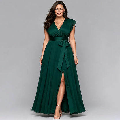 Flycurvy Plus Size Wedding Guest Dark Green Chiffon Ruffle Sleeve Slit Hem Maxi Dress With Belt