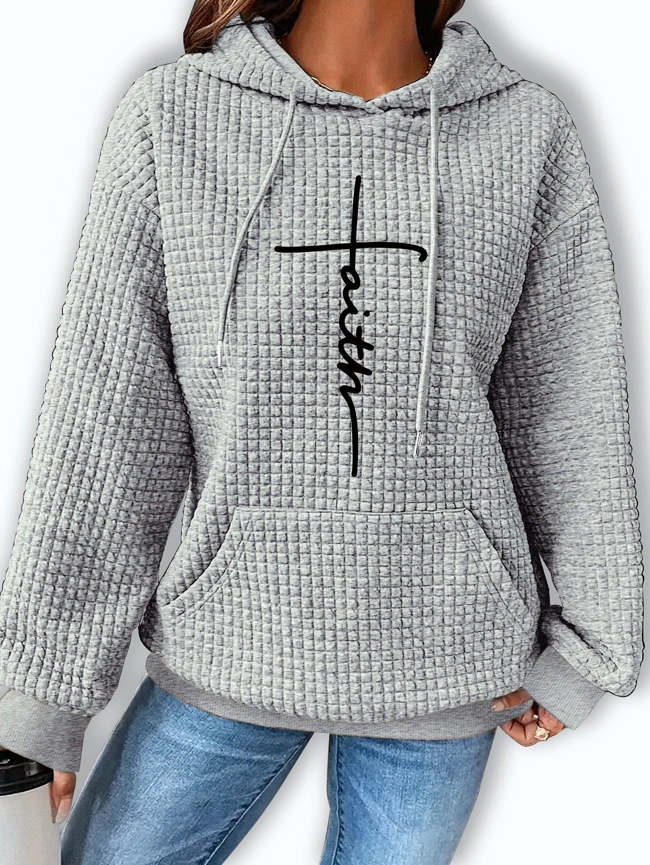 Graphic Print Solid Waffle Kangaroo Pocket Hoodie, Casual Long Sleeve Drawstring Hoodies Sweatshirt, Women'S Clothing