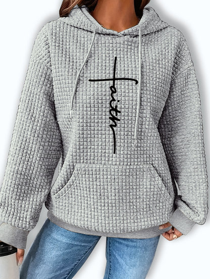 Graphic Print Solid Waffle Kangaroo Pocket Hoodie, Casual Long Sleeve Drawstring Hoodies Sweatshirt, Women'S Clothing