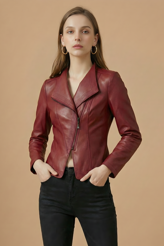 Elegant Leather Moto Jacket for Women with Notch Collar Long Sleeve Asymmetric Zip Quilted Style