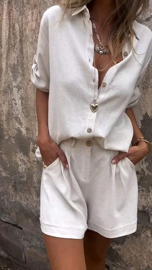 Effortless Linen Two Piece Short Set for Women with Collar Button Front Rolled Sleeve Relaxed Casual Style