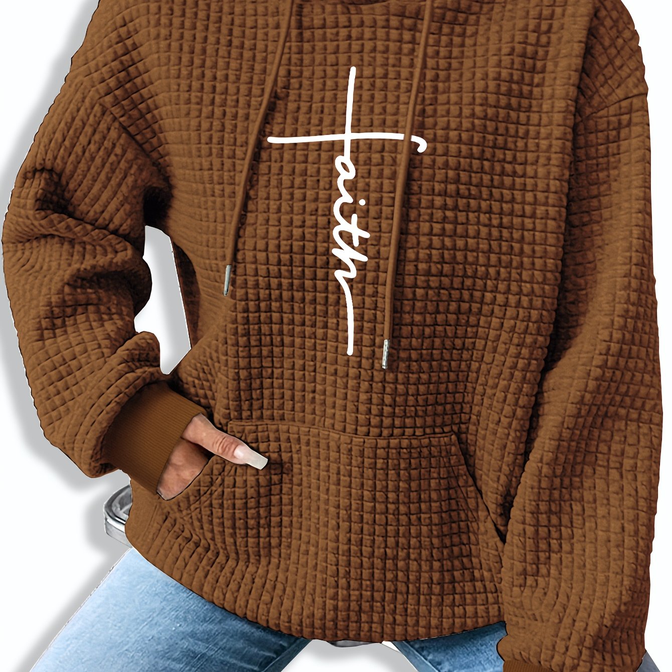 Graphic Print Solid Waffle Kangaroo Pocket Hoodie, Casual Long Sleeve Drawstring Hoodies Sweatshirt, Women'S Clothing