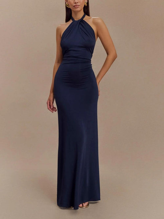 Elegant Navy Halter Maxi Dress for Women with Ruched Waist Sleeveless Sheath Flowing Style