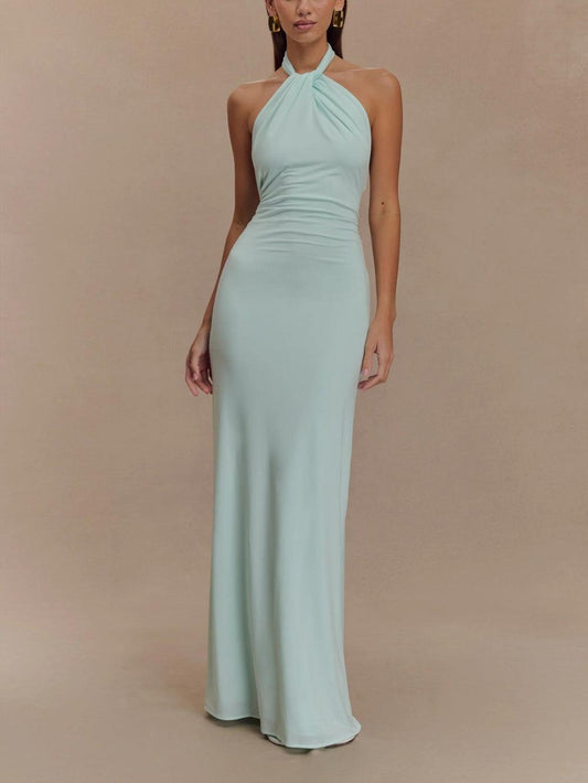 Elegant Knit Maxi Dress for Women with Halter Neck Backless Ruched Column Flowing Style